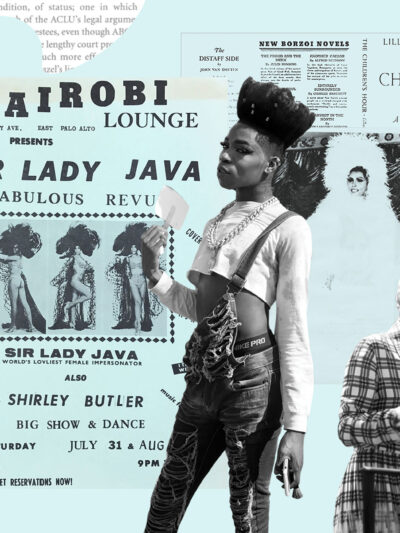 A banner with historical LGBTQ moments and people