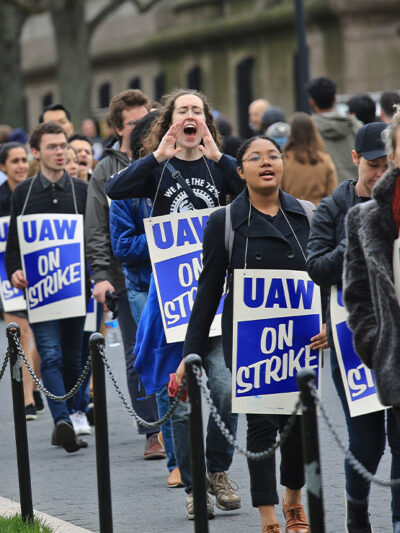 Striking teaching assistants protest on the campus of Columbia University in New York.