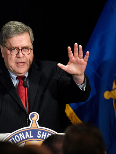 Attorney General William Barr speaks on stage at the National Sheriffs' Association Conference on February 10, 2020.