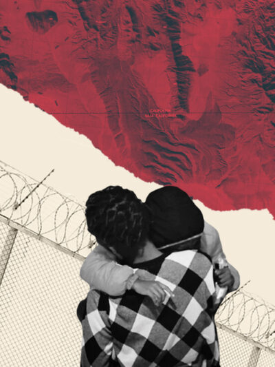 A collage of a black-and-white image of two people hugging, overlaying a beige and red background with a barbed wire gate behind the people. This image depicts the difficulties of family separation policies that have come from the Trump administration.