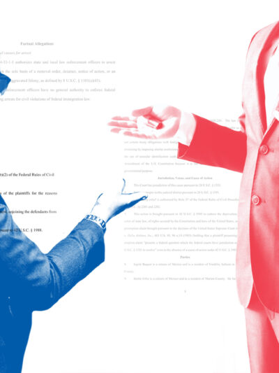 A photo collage of two lawyers, one shaded blue and one shaded red, against a white background with bits of text from legal documents layered over them and in the background