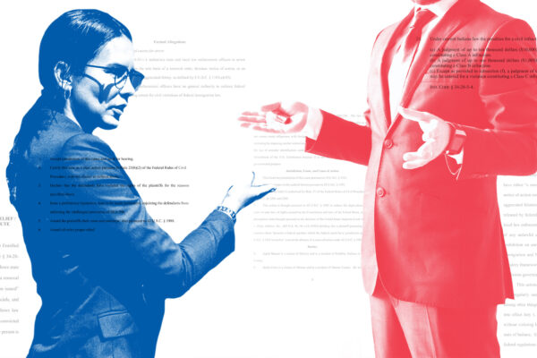 A photo collage of two lawyers, one shaded blue and one shaded red, against a white background with bits of text from legal documents layered over them and in the background