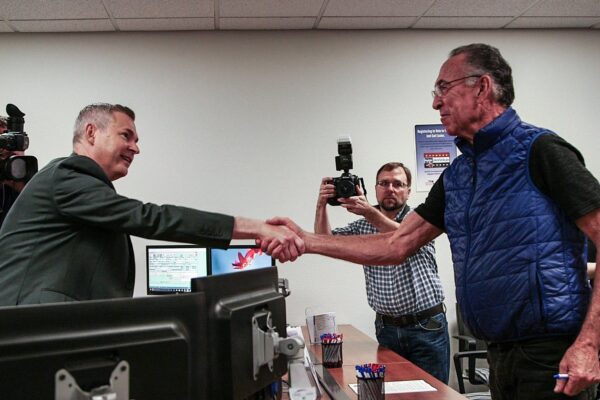Sarasota Supervisor of Elections Ron Turner with Vietnam War veteran and Purple Heart recipient Alan Rhyelle