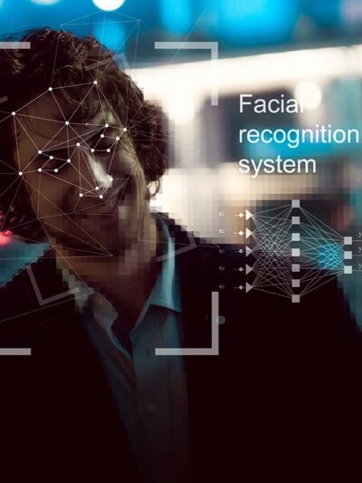 A mockup image of how a computer scans a human face for facial recognition