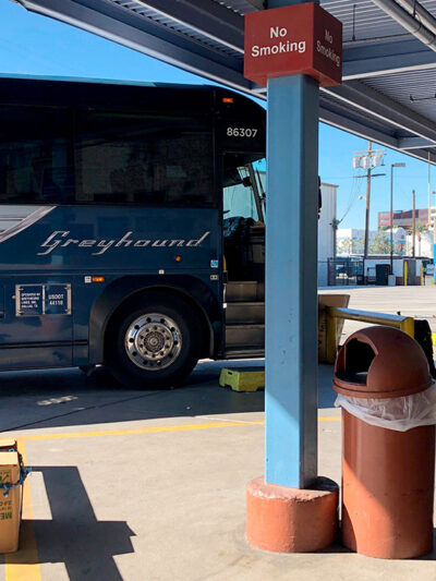 A Greyhound bus parked at a Los Angeles Greyhound bus station. Greyhound has denied the Customs and Border Protection (CBP) officers access to buses to conduct warrantless searches.