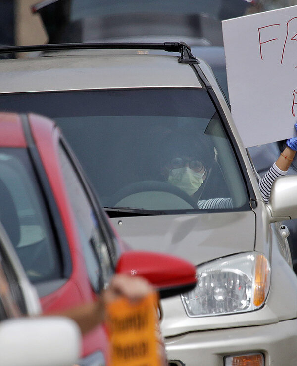 A demonstrator holds a sign with the text "Free Them All" in a car-based protest to demand the release of immigrants in California detention centers over COVID-19 concerns.