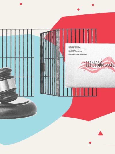 Collage by the ACLU, picturing a judge's gavel, a voting mail envelope, and a cage.