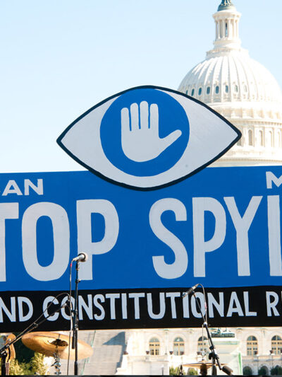 A sign with the text "We can stop mass spying, defend constitutional rights!" at a rally outside the US Capitol building.