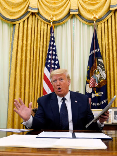President Donald Trump speaks before signing an executive order aimed at curbing protections for social media giants, taken in the Oval Office of White House