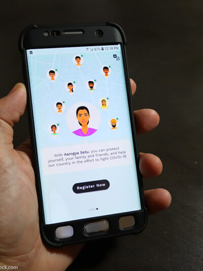 Photo of Covid-19 contact tracing app on an iPhone screen that lets users know if they have been near a person with Covid-19 by scanning a database of known cases of infection.