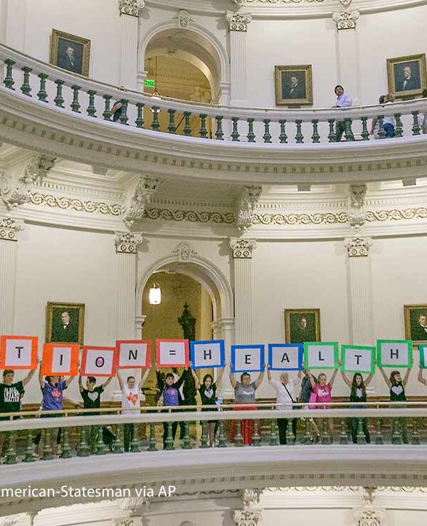 Representatives of the Trust, Respect, Access Coalition, holding multicolored signs spelling out ABORTION=HEALTHCARE, gathered in the Texas Capitol Rotunda Thursday afternoon July 27, 2017 to voice their opposition to abortion legislation being...