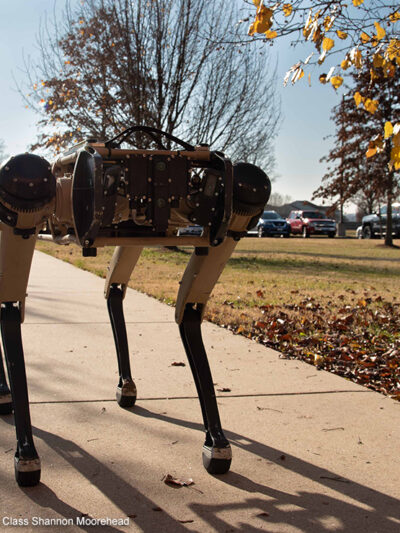 A semi-autonomous robot dog walking on a sidewalk.