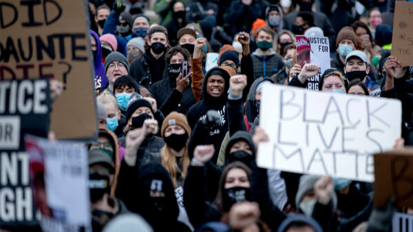 Protestors demonstrate in Brooklyn Center, Minnesota after the shooting death of Daunte Wright.