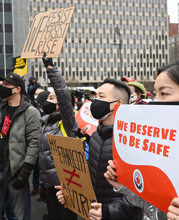 Demonstrators protesting anti-Asian racism.