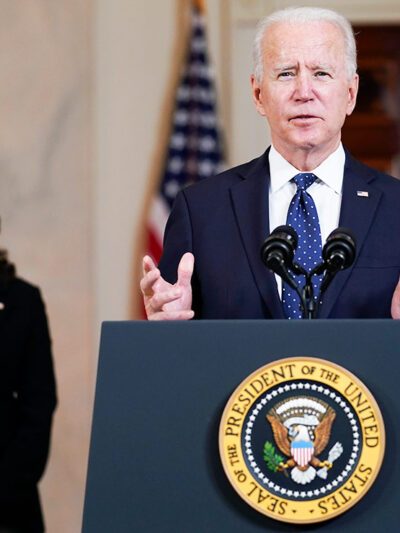 President Joe Biden, accompanied by Vice President Kamala Harris, speaks Tuesday, April 20, 2021, at the White House in Washington, DC