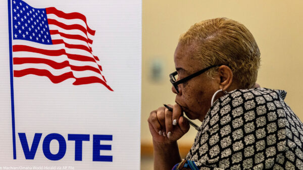 A profile view of a woman in a voting booth.