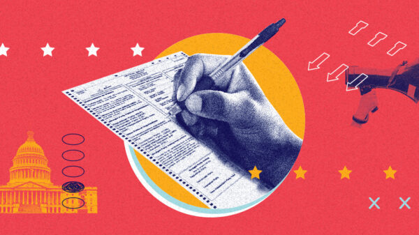 Orange-red background, hand writing on paper with graphic textures