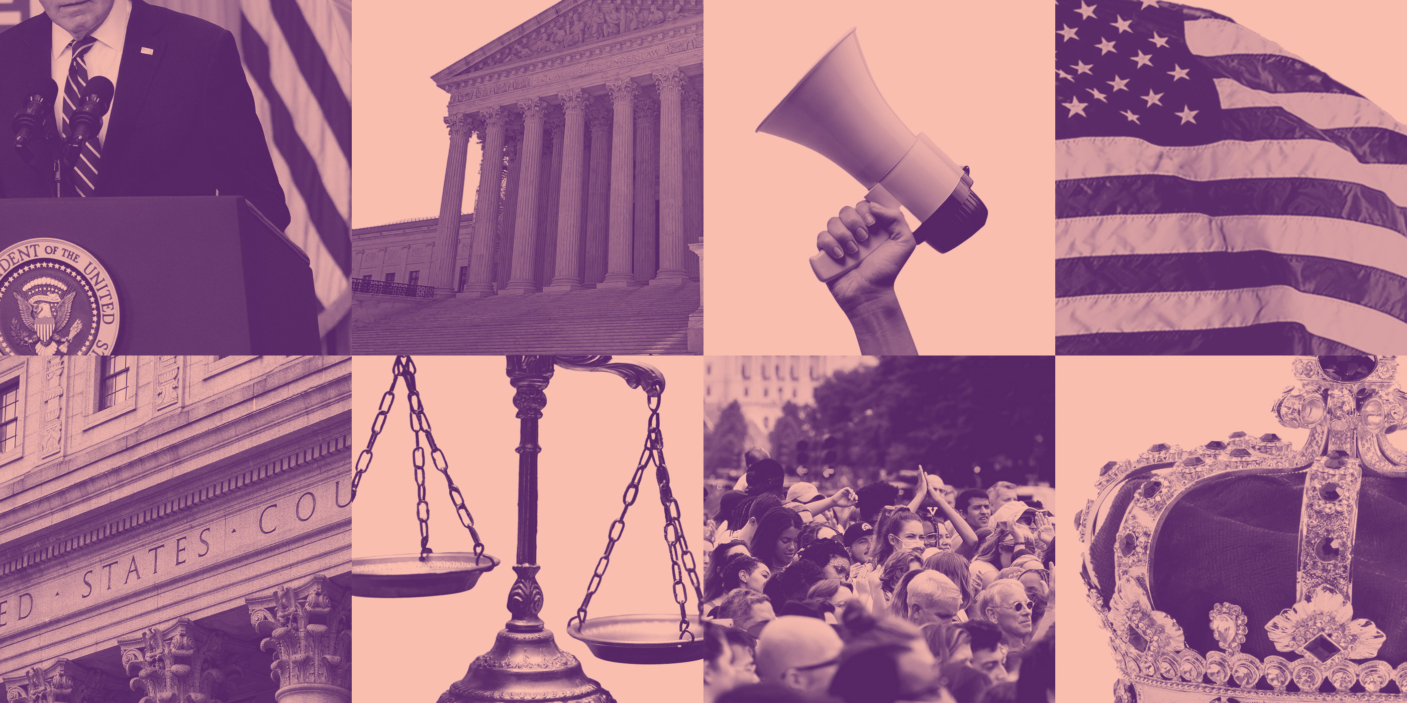 A checkered graphic featuring different images pertaining to the president, the Supreme Court, and royalty.