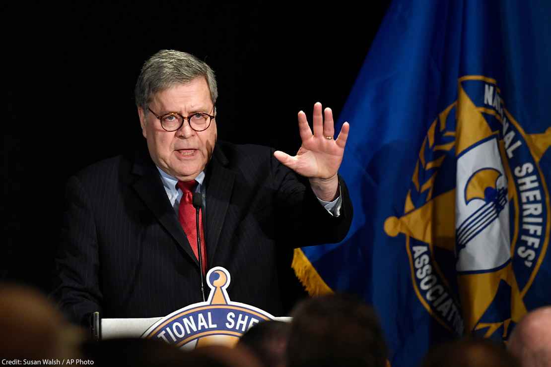 Attorney General William Barr speaks on stage at the National Sheriffs' Association Conference on February 10, 2020.