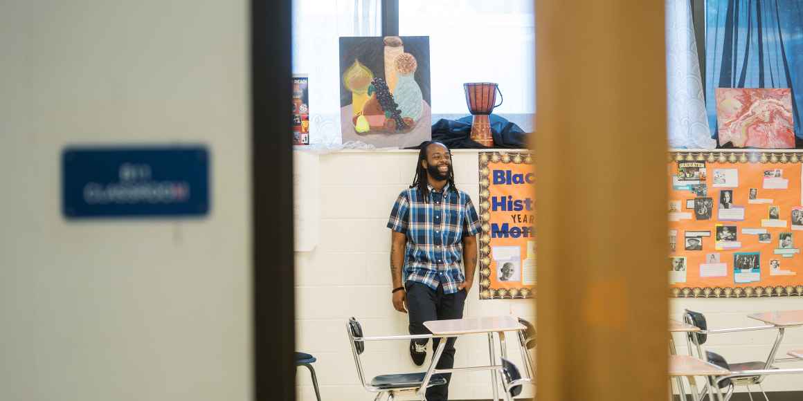 Millwood High School teacher Anthony Crawford in a classroom.