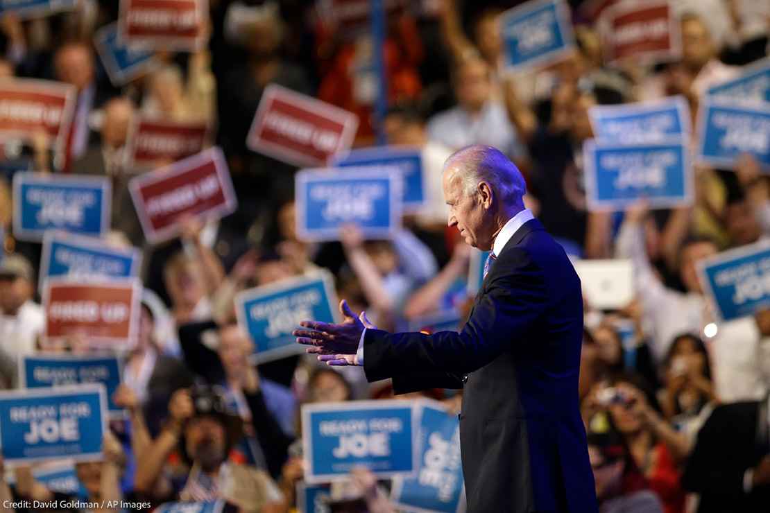 Vice President Joe Biden appears on stage as he addresses the Democratic National Convention in Charlotte, N.C.