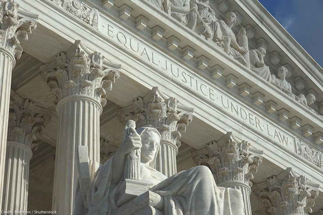 "Equal Justice Under Law" engraving above entrance to US Supreme Court Building.