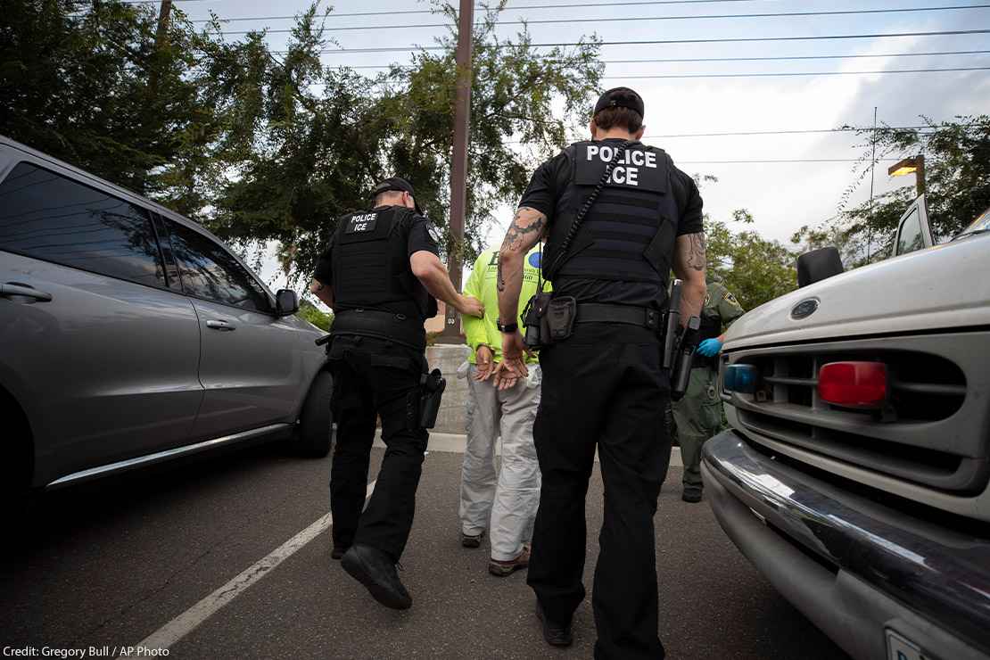 On a sunny day in California, two Immigration and Customs Enforcement (ICE) officers escort a man in handcuffs. Trump administration officials have confirmed plans for two new tactics in their anti-immigrant agenda.