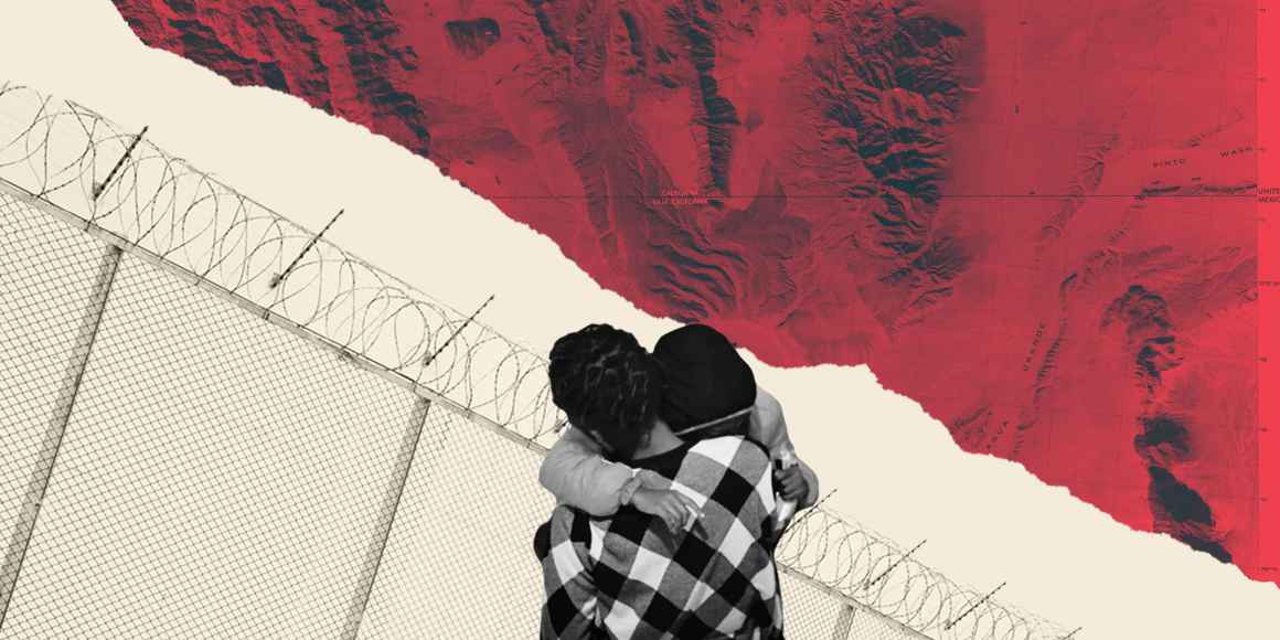 A collage of a black-and-white image of two people hugging, overlaying a beige and red background with a barbed wire gate behind the people. This image depicts the difficulties of family separation policies that have come from the Trump administration.