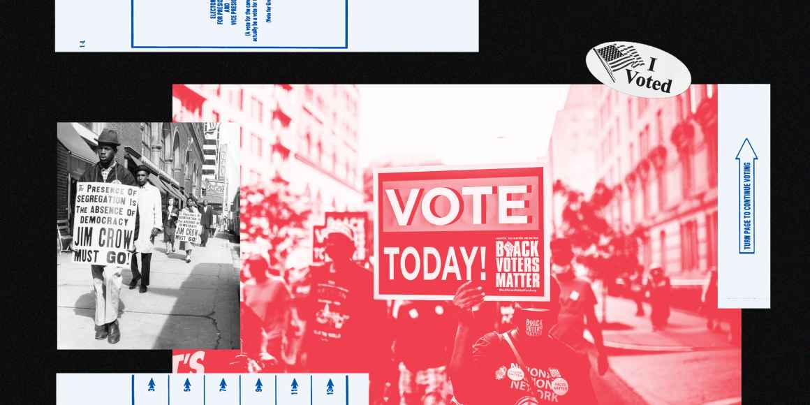 A colorful collage of images related to voting rights activism.