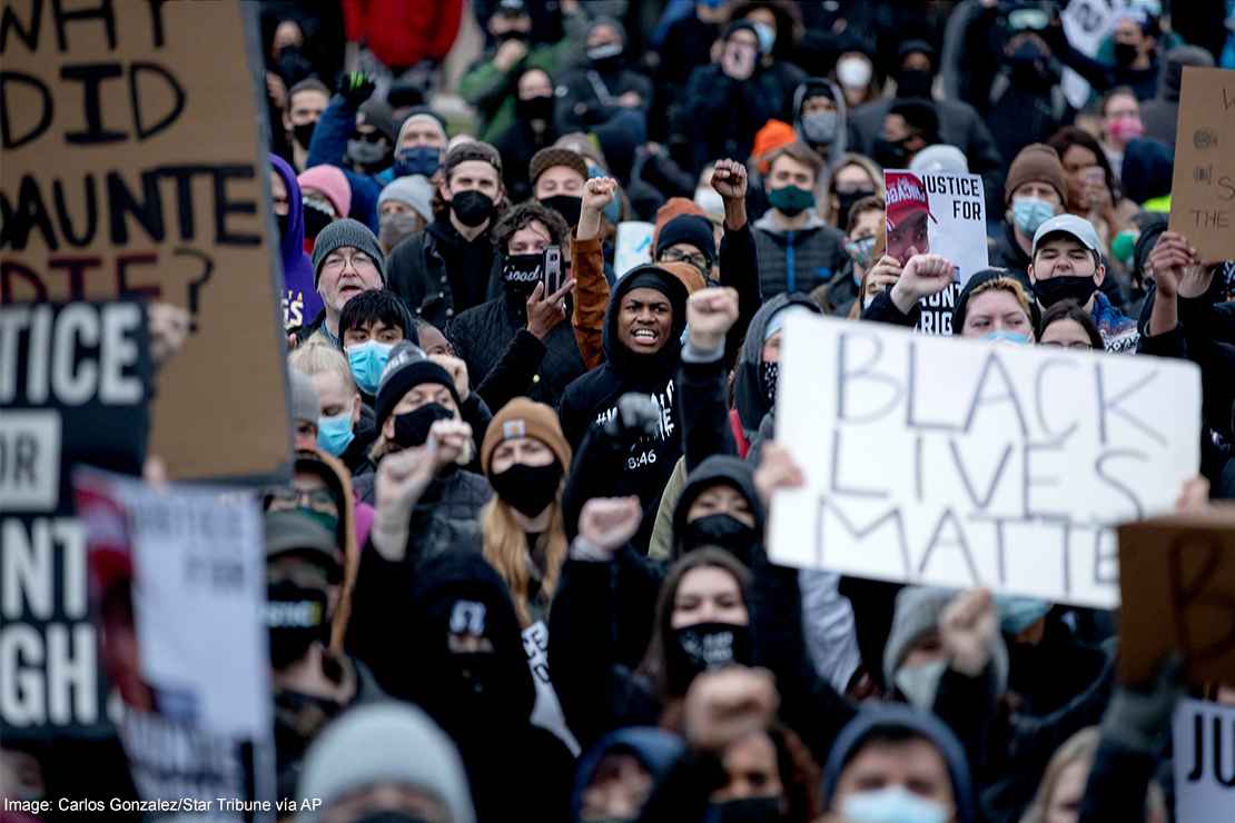 Protestors demonstrate in Brooklyn Center, Minnesota after the shooting death of Daunte Wright.
