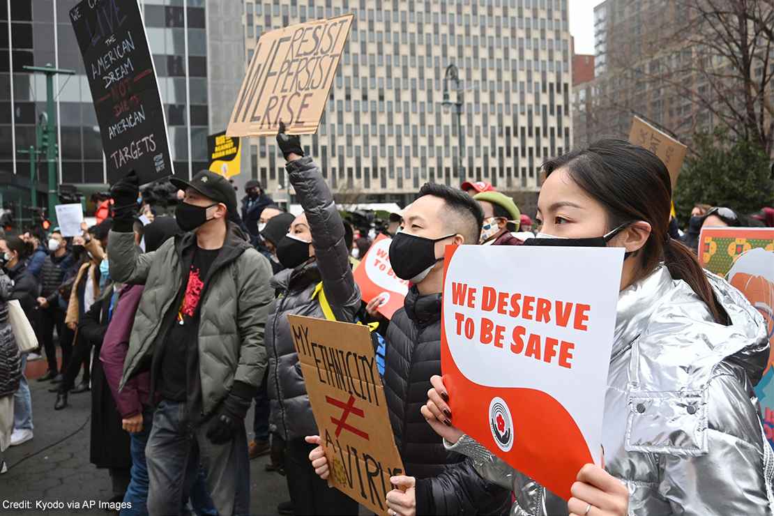 Demonstrators protesting anti-Asian racism.