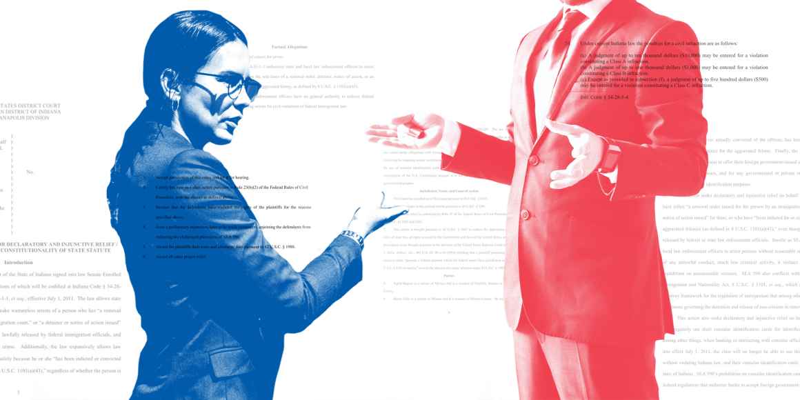 A photo collage of two lawyers, one shaded blue and one shaded red, against a white background with bits of text from legal documents layered over them and in the background