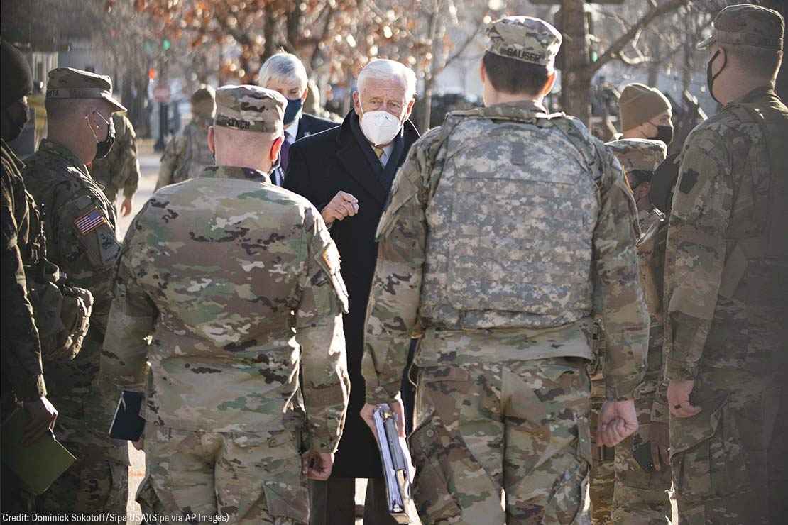 House Majority Leader Steny Hoyer, D-Md., speaks to members of the National Guard outside the U.S. Capitol in Washington, D.C. on January 21, 2021.