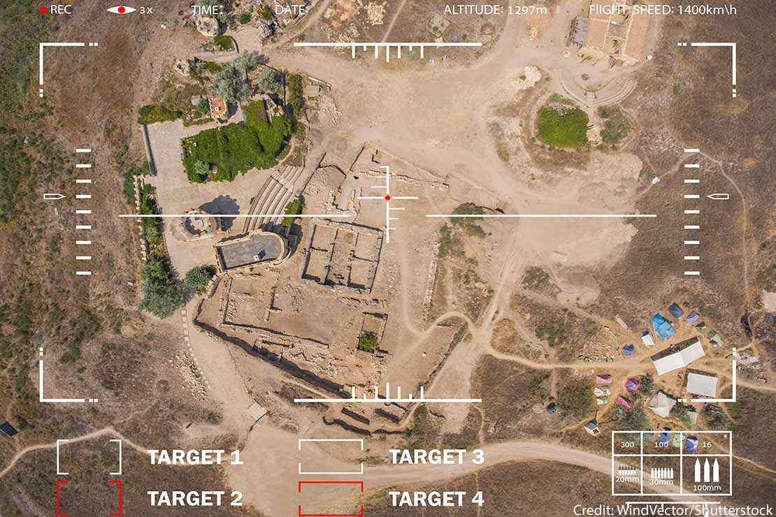 A view of the camp and the ruins of the building through an airplane bomber fighter viewfinder