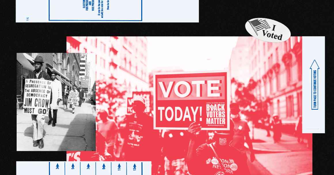 A colorful collage of images related to voting rights activism.