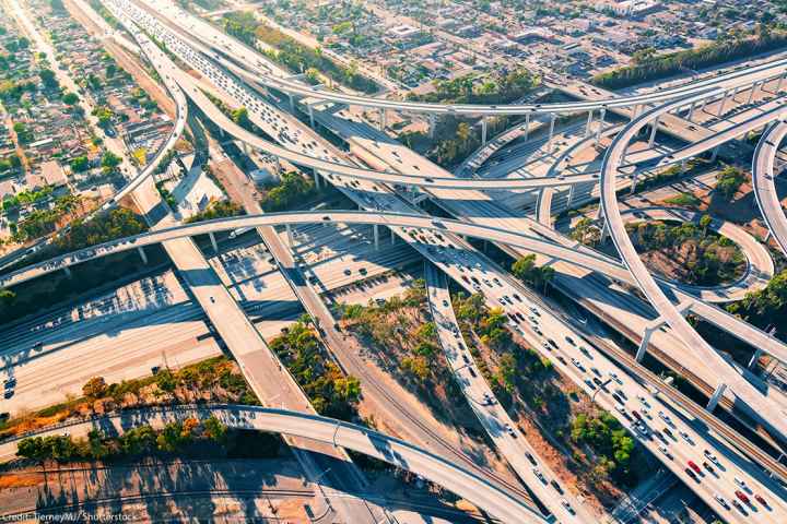 A sprawling shot of a California highway system.